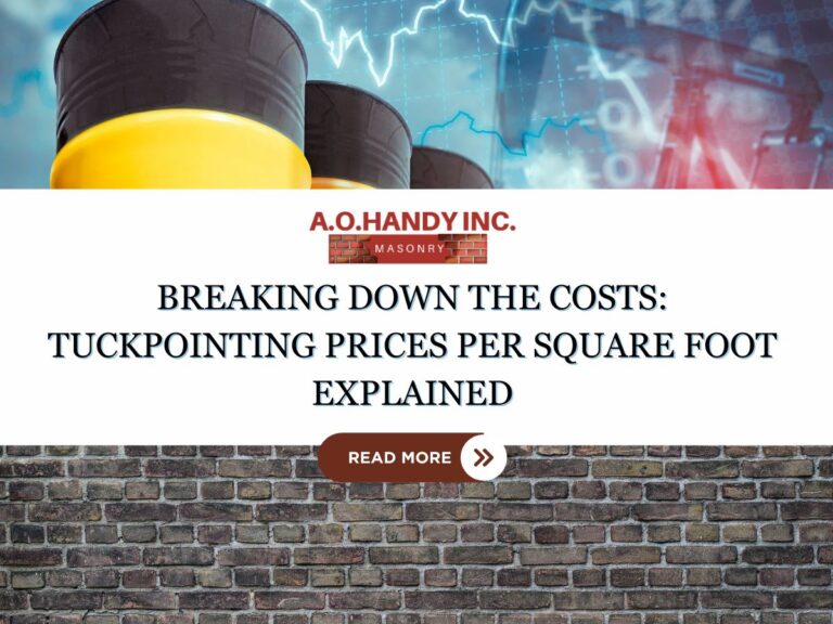 Front Image titled "Breaking Down the Costs: Tuckpointing Prices Per Square Foot Explained" with a brick wall and infographic showcasing high pricesin the background